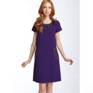 KATE SPADE Wool Short Sleeve Embellished Gail Beaded Dress Size 12 Eggplant NWT